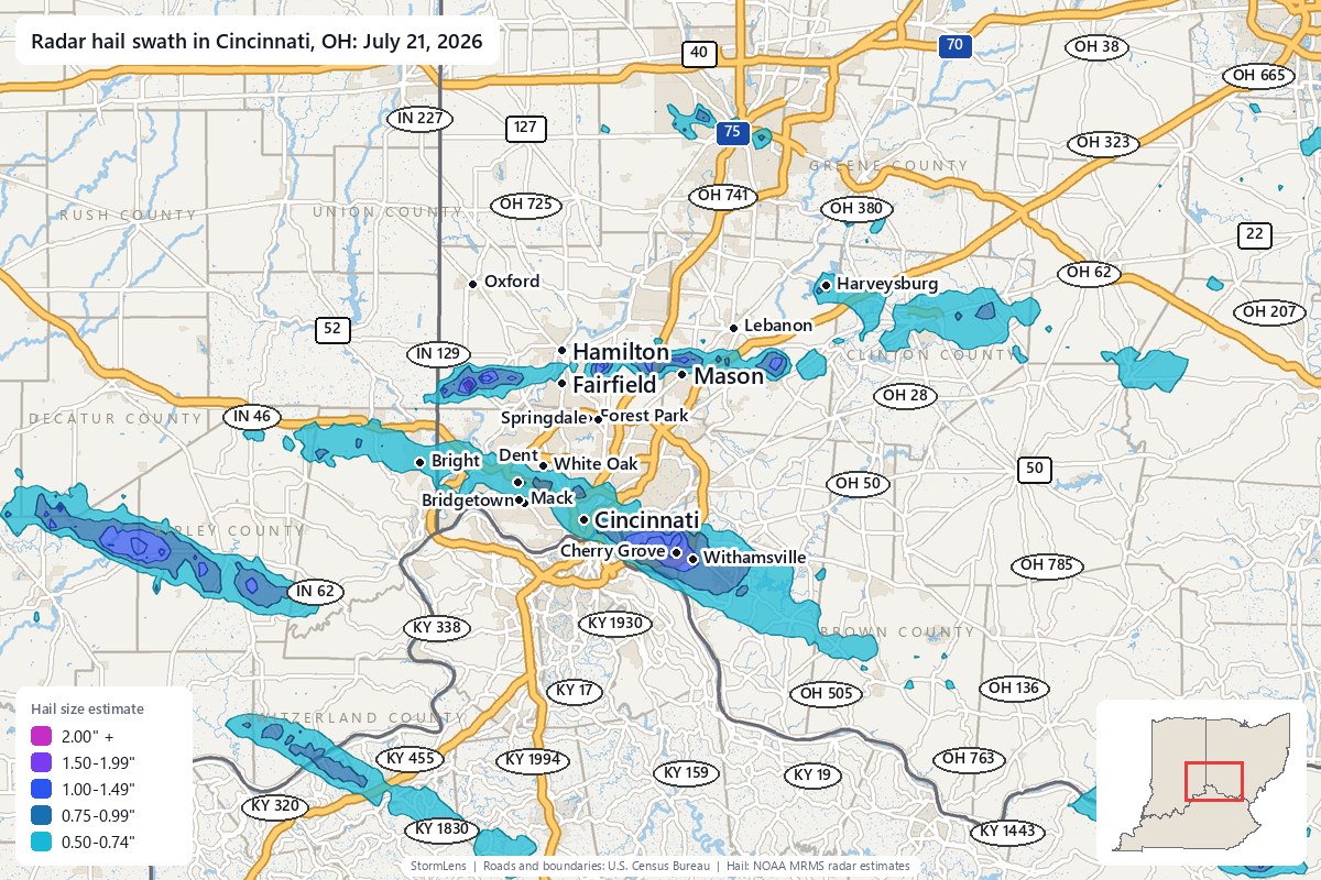 Radar-estimated hail swath in Cincinnati, OH on July 21, 2026; colors show estimated hail sizes