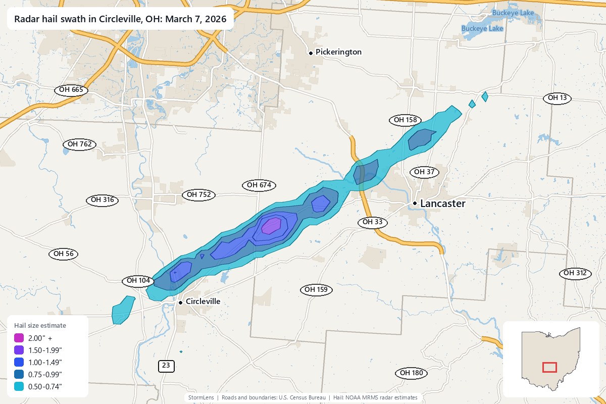 Radar-estimated hail swath in Circleville, OH on March 7, 2026; colors show estimated hail sizes