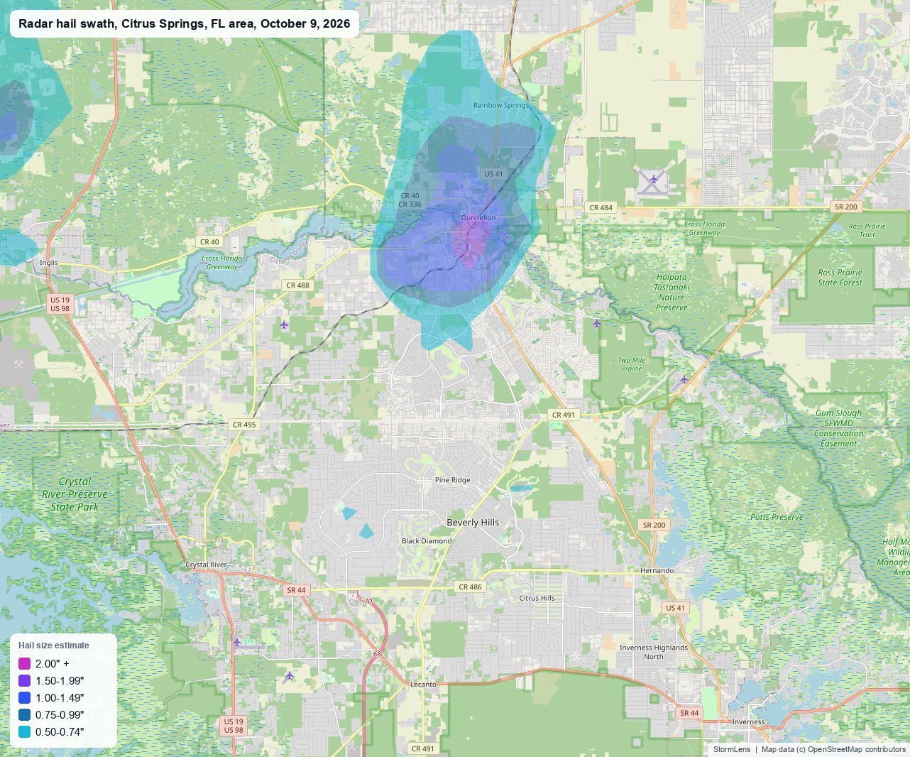 Radar-estimated hail swath near Citrus Springs, FL on October 9, 2026; colors show estimated hail sizes