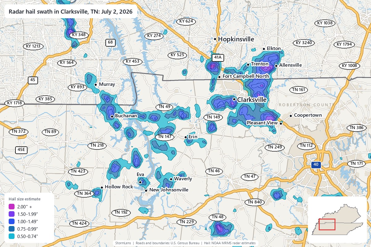 Radar-estimated hail swath in Clarksville, TN on July 2, 2026; colors show estimated hail sizes