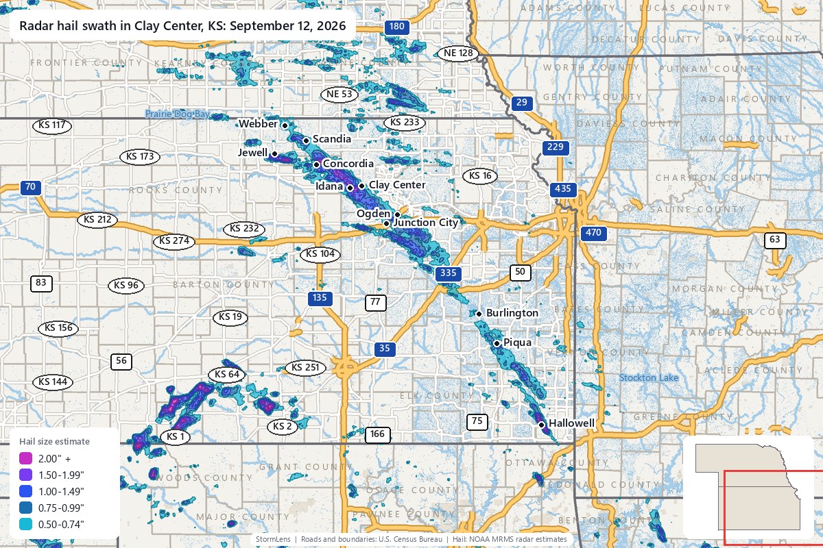 Radar-estimated hail swath in Clay Center, KS on September 12, 2026; colors show estimated hail sizes