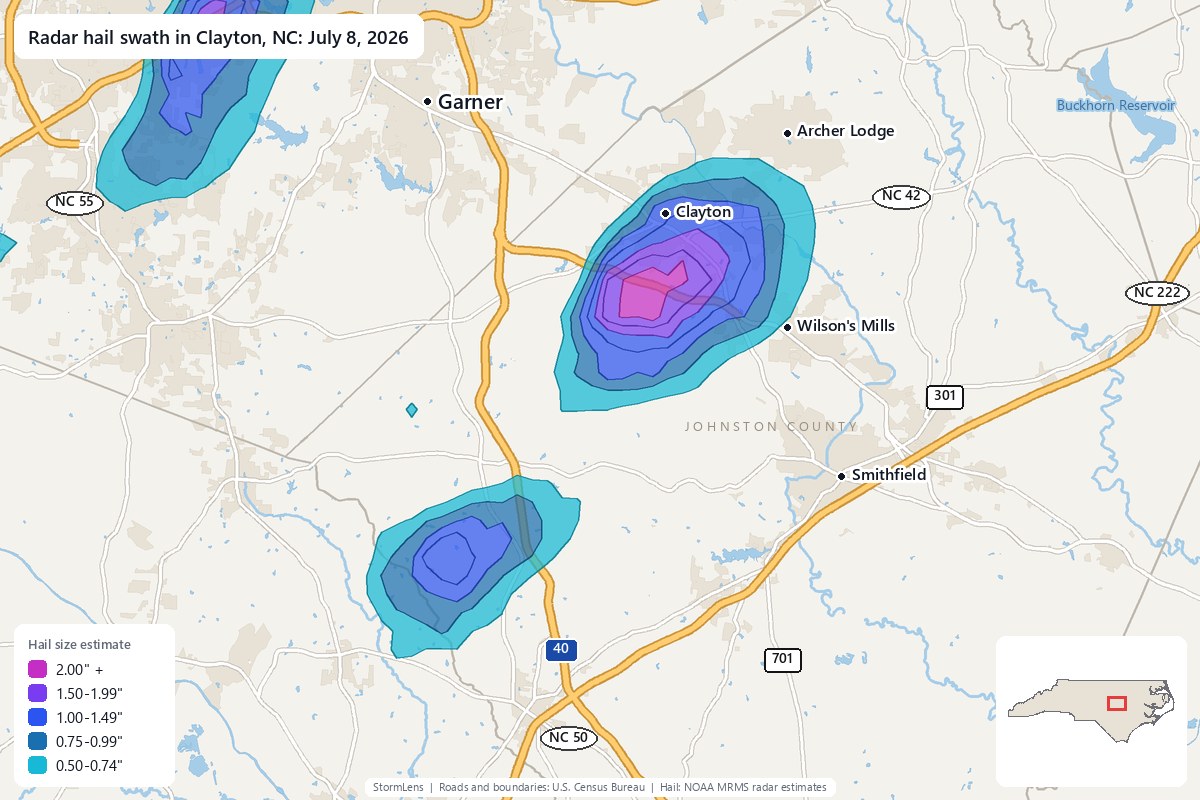 Radar-estimated hail swath in Clayton, NC on July 8, 2026; colors show estimated hail sizes