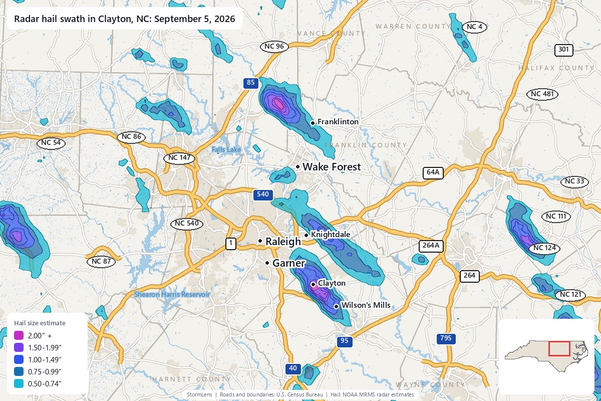 Radar-estimated hail swath in Clayton, NC on September 5, 2026; colors show estimated hail sizes