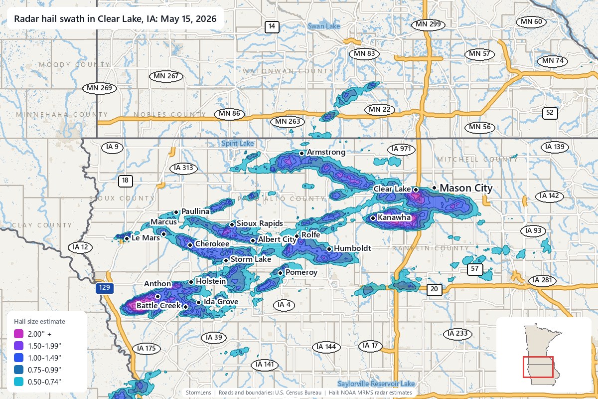 Radar-estimated hail swath in Clear Lake, IA on May 15, 2026; colors show estimated hail sizes