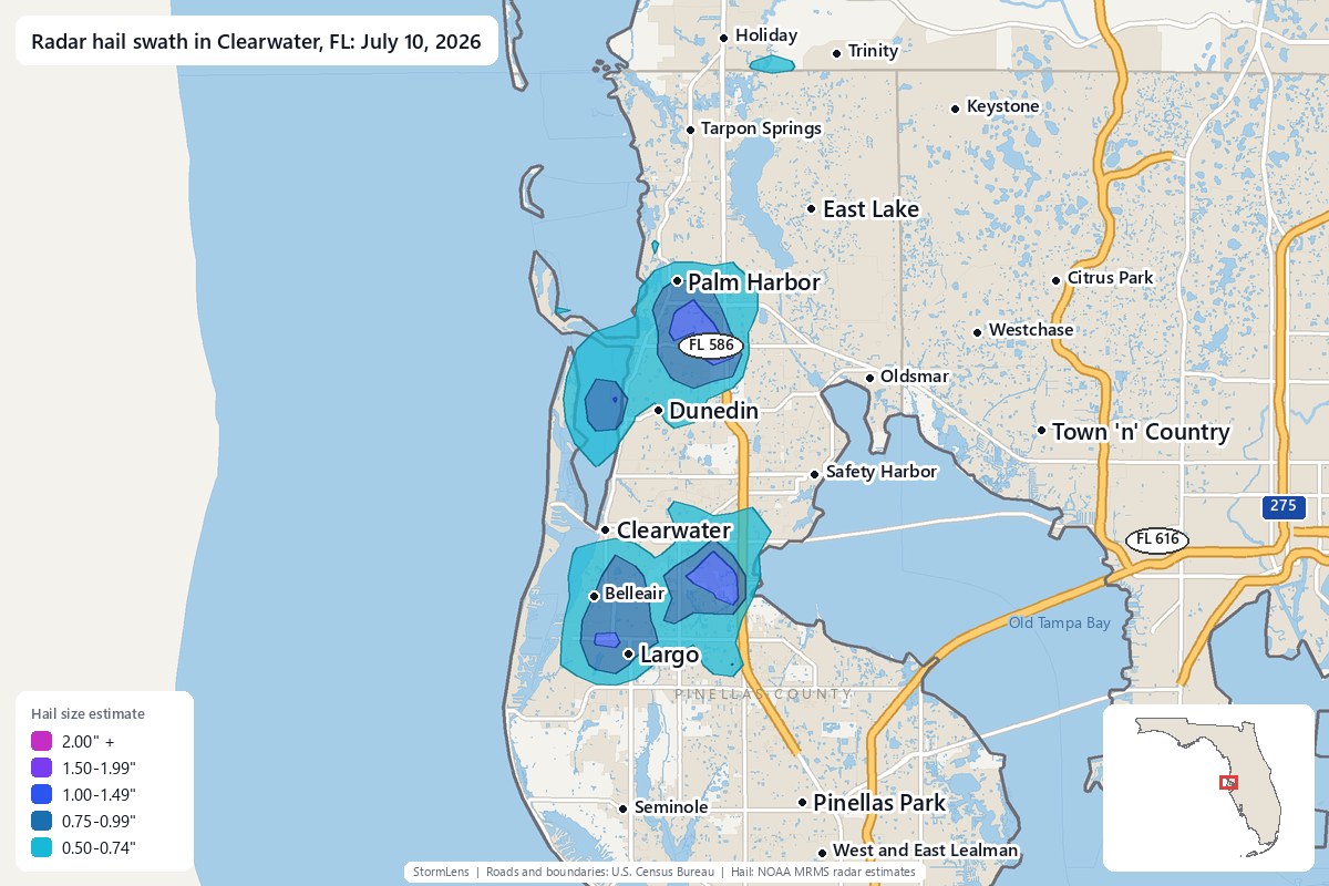 Radar-estimated hail swath in Clearwater, FL on July 10, 2026; colors show estimated hail sizes