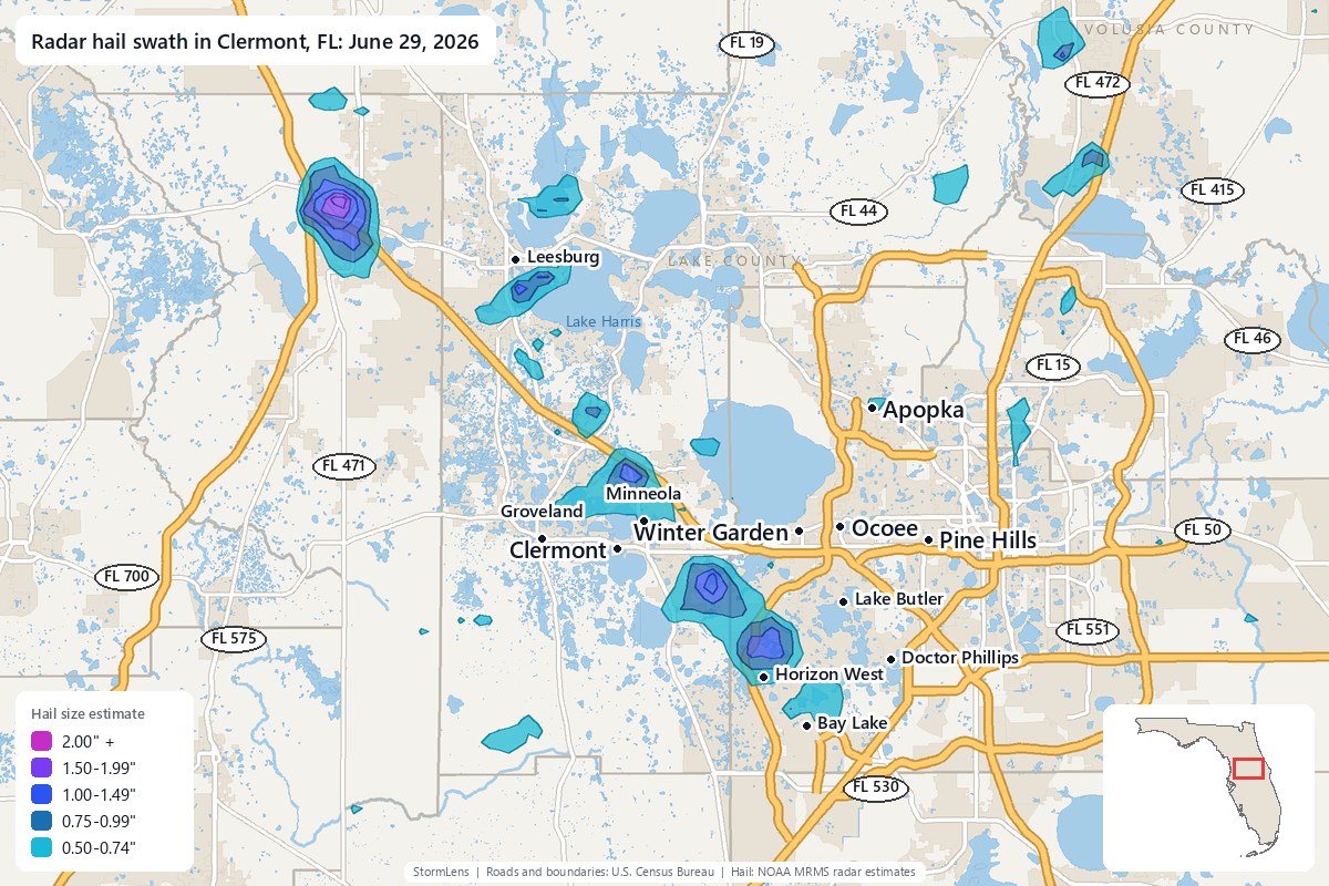 Radar-estimated hail swath in Clermont, FL on June 29, 2026; colors show estimated hail sizes