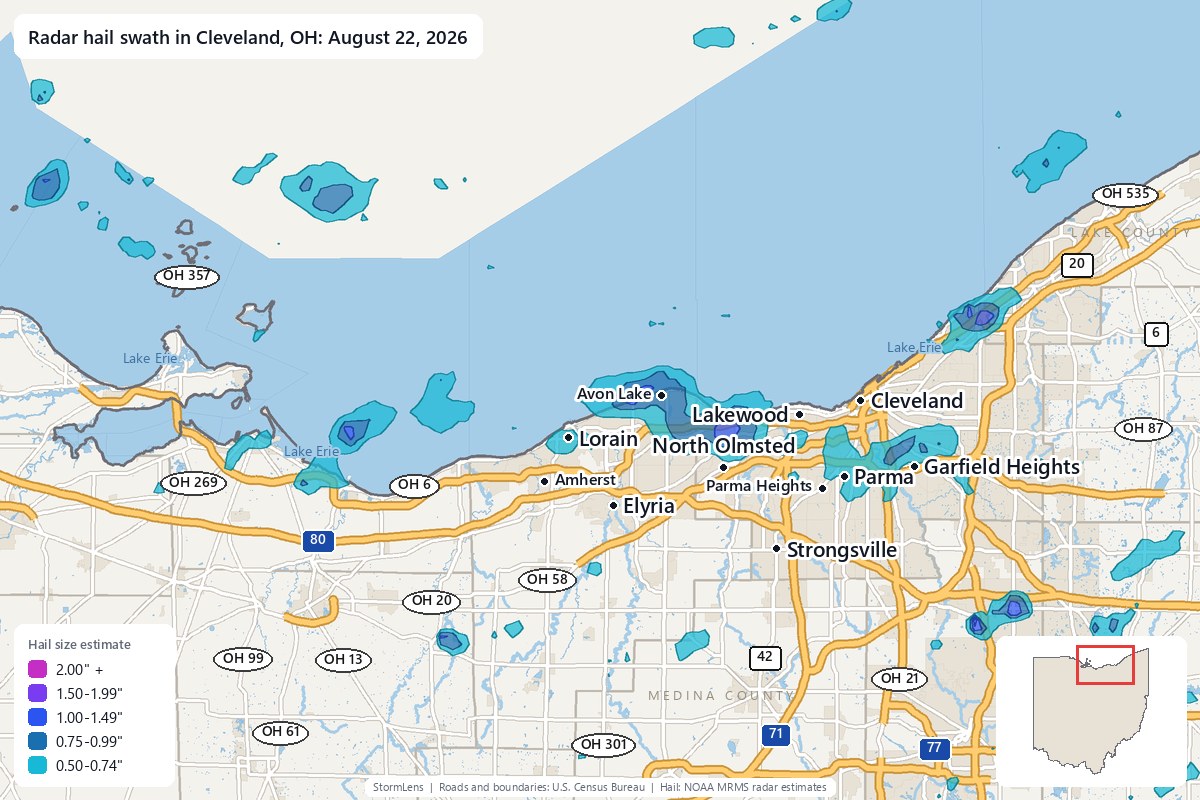 Radar-estimated hail swath in Cleveland, OH on August 22, 2026; colors show estimated hail sizes