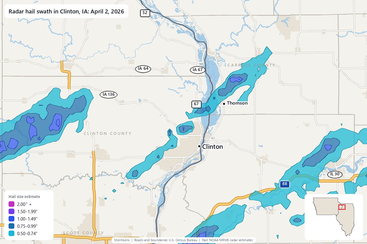 Radar-estimated hail swath in Clinton, IA on April 2, 2026; colors show estimated hail sizes