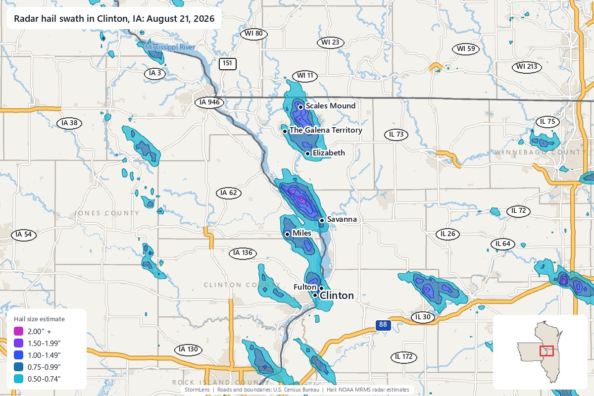 Radar-estimated hail swath in Clinton, IA on August 21, 2026; colors show estimated hail sizes