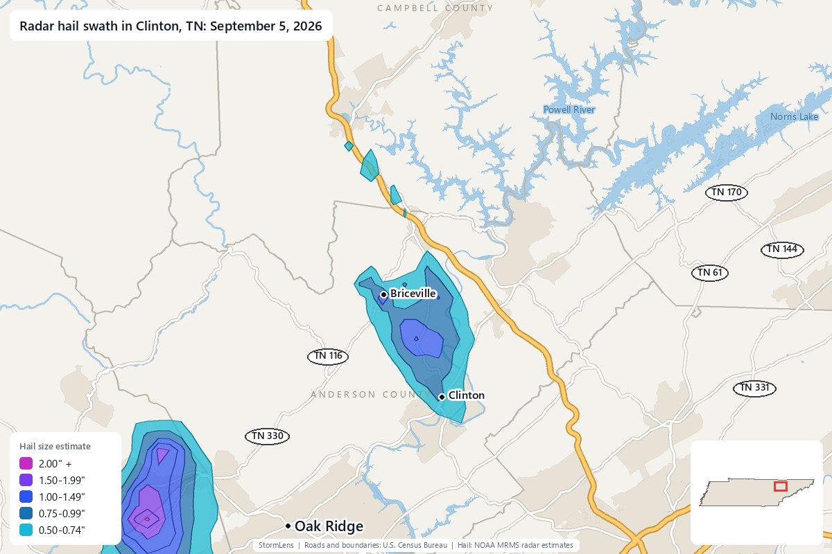 Radar-estimated hail swath in Clinton, TN on September 5, 2026; colors show estimated hail sizes