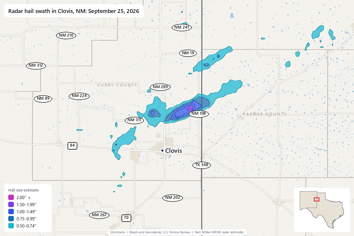 Radar-estimated hail swath in Clovis, NM on September 25, 2026; colors show estimated hail sizes