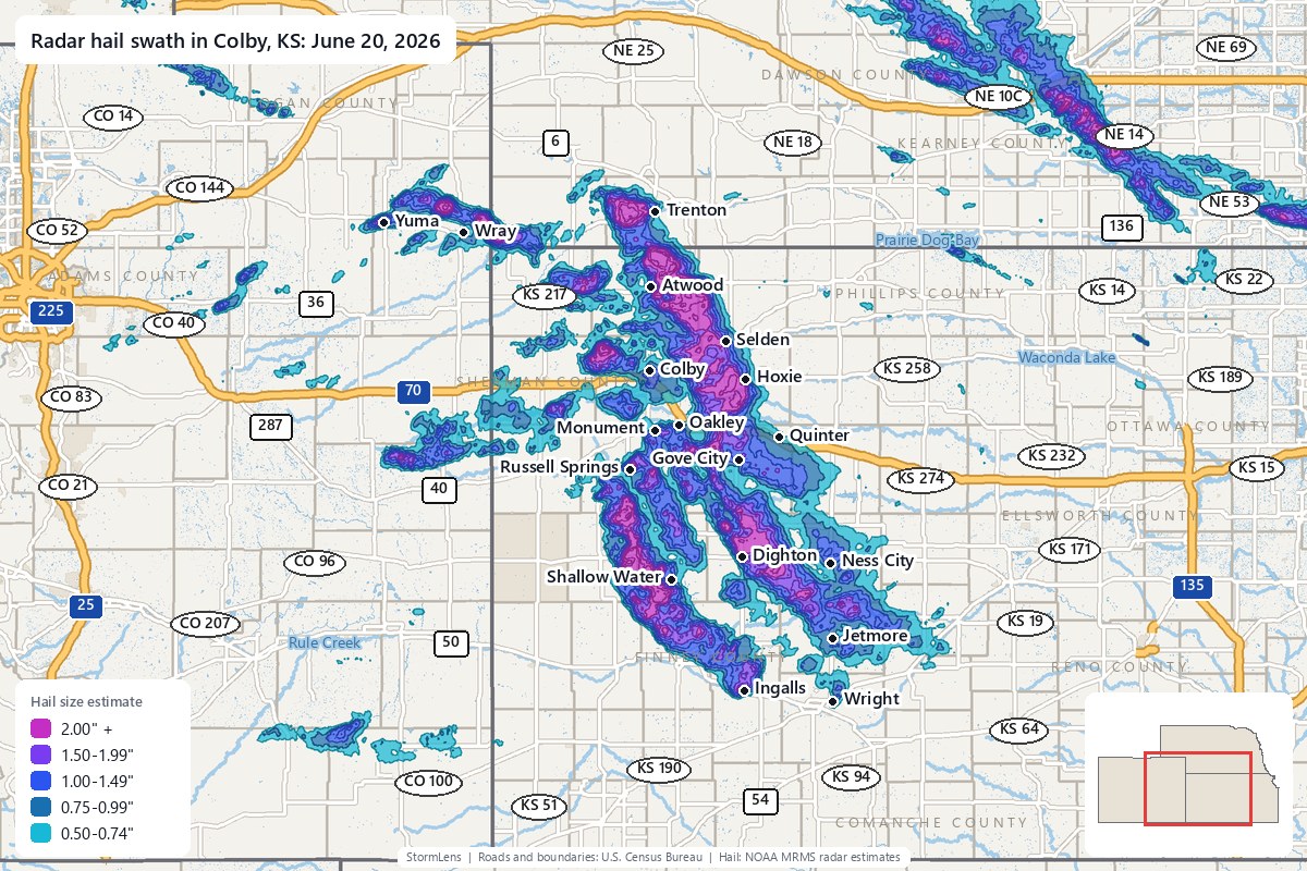 Radar-estimated hail swath in Colby, KS on June 20, 2026; colors show estimated hail sizes