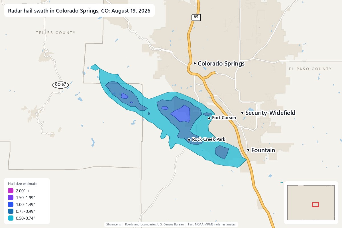 Radar-estimated hail swath in Colorado Springs, CO on August 19, 2026; colors show estimated hail sizes