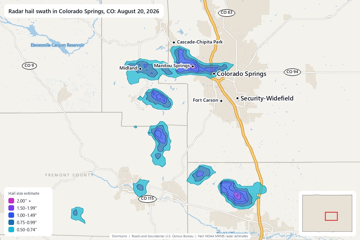 Radar-estimated hail swath in Colorado Springs, CO on August 20, 2026; colors show estimated hail sizes