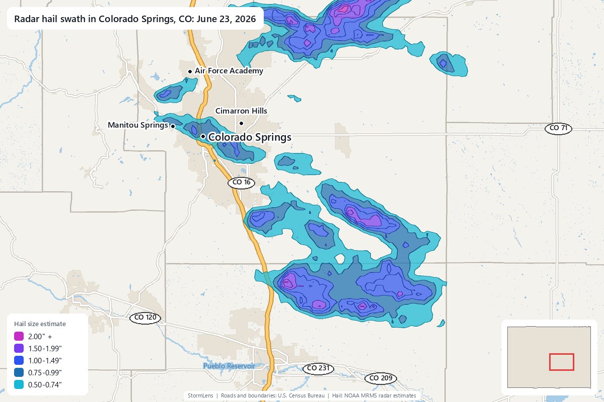 Radar-estimated hail swath in Colorado Springs, CO on June 23, 2026; colors show estimated hail sizes