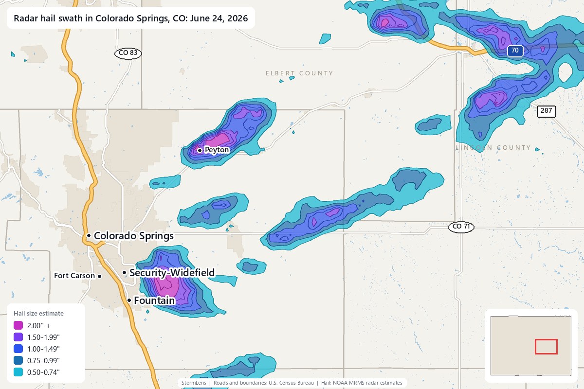 Radar-estimated hail swath in Colorado Springs, CO on June 24, 2026; colors show estimated hail sizes