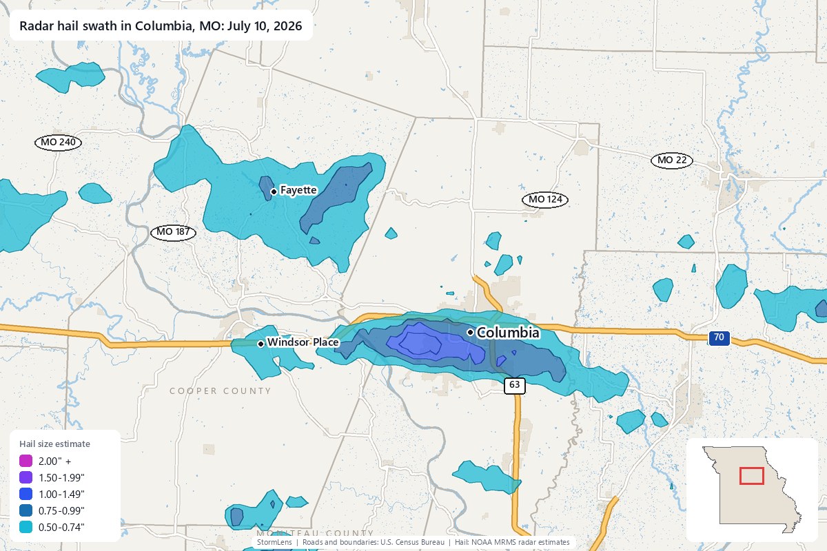 Radar-estimated hail swath in Columbia, MO on July 10, 2026; colors show estimated hail sizes
