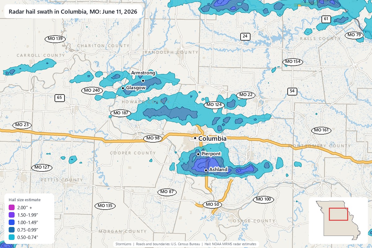 Radar-estimated hail swath in Columbia, MO on June 11, 2026; colors show estimated hail sizes
