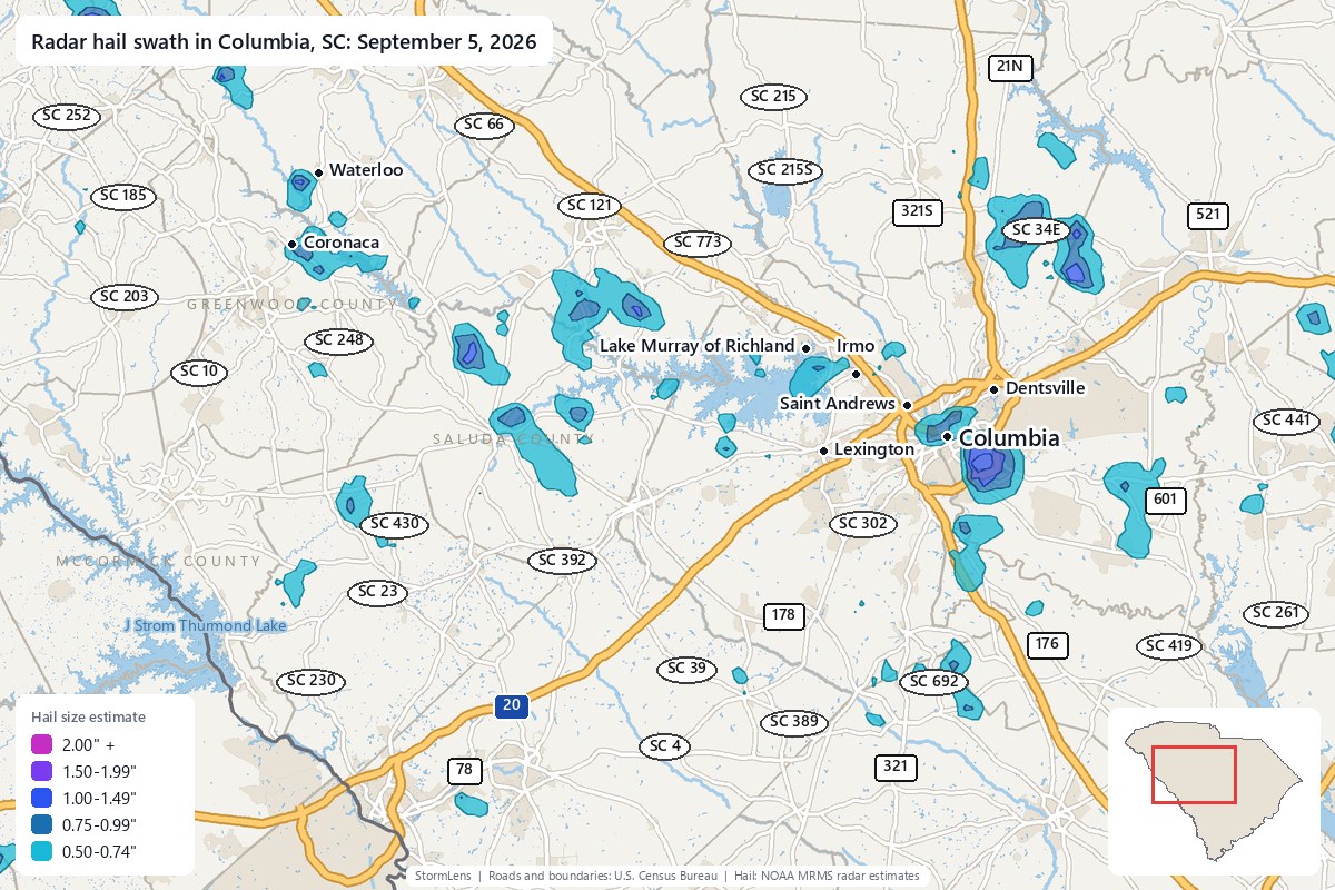Radar-estimated hail swath in Columbia, SC on September 5, 2026; colors show estimated hail sizes
