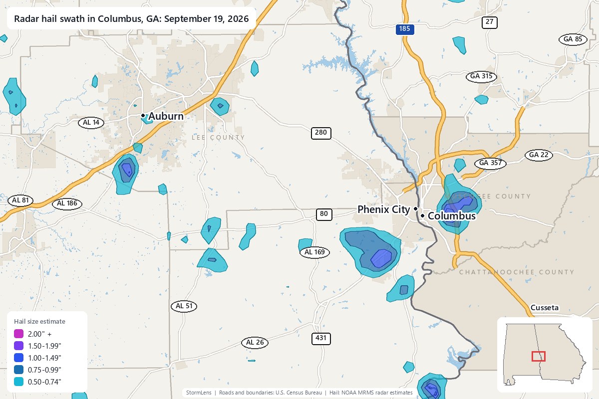 Radar-estimated hail swath in Columbus, GA on September 19, 2026; colors show estimated hail sizes