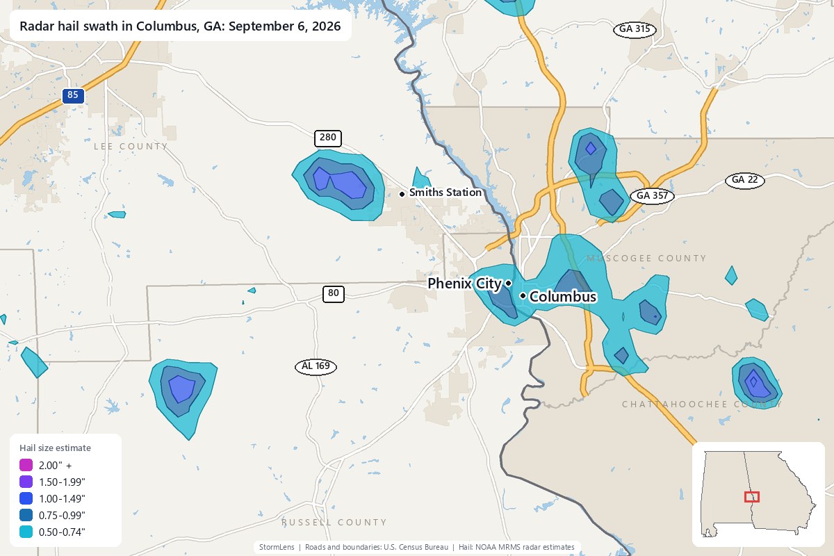 Radar-estimated hail swath in Columbus, GA on September 6, 2026; colors show estimated hail sizes