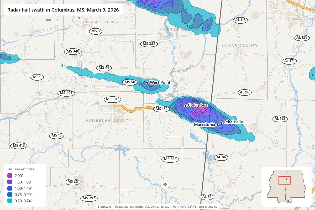 Radar-estimated hail swath in Columbus, MS on March 9, 2026; colors show estimated hail sizes