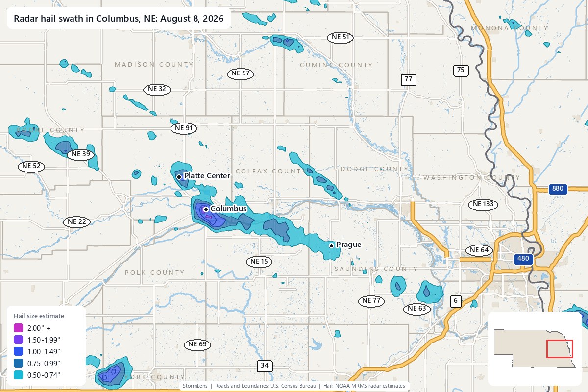 Radar-estimated hail swath in Columbus, NE on August 8, 2026; colors show estimated hail sizes