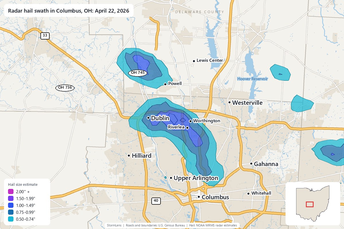 Radar-estimated hail swath in Columbus, OH on April 22, 2026; colors show estimated hail sizes