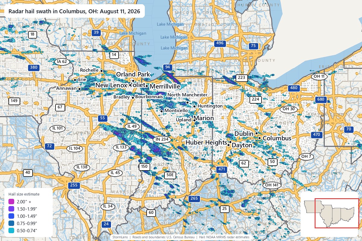 Radar-estimated hail swath in Columbus, OH on August 11, 2026; colors show estimated hail sizes