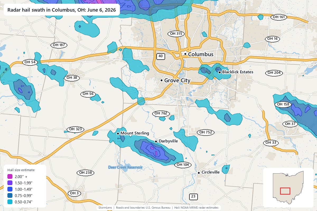 Radar-estimated hail swath in Columbus, OH on June 6, 2026; colors show estimated hail sizes