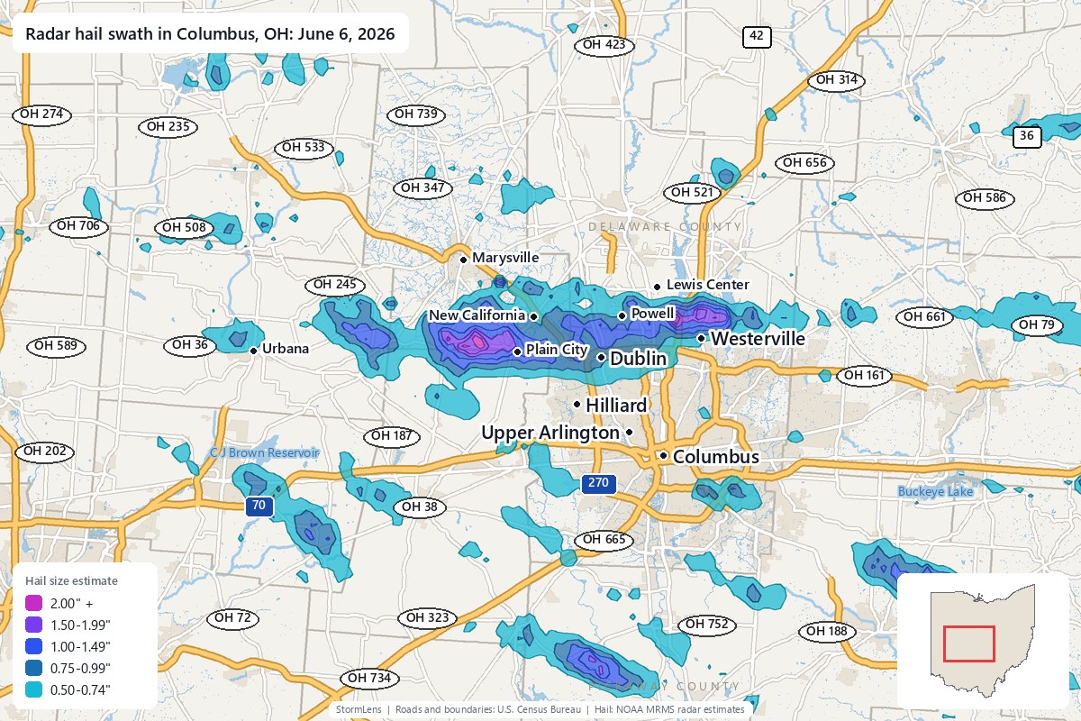 Radar-estimated hail swath in Columbus, OH on June 6, 2026; colors show estimated hail sizes