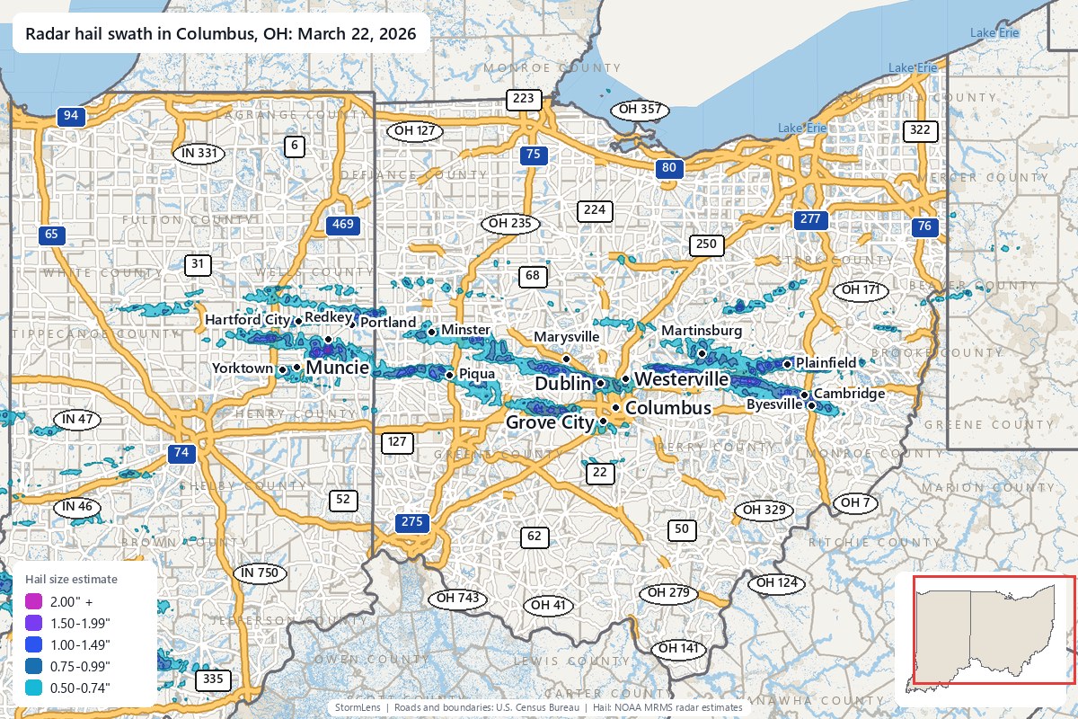 Radar-estimated hail swath in Columbus, OH on March 22, 2026; colors show estimated hail sizes