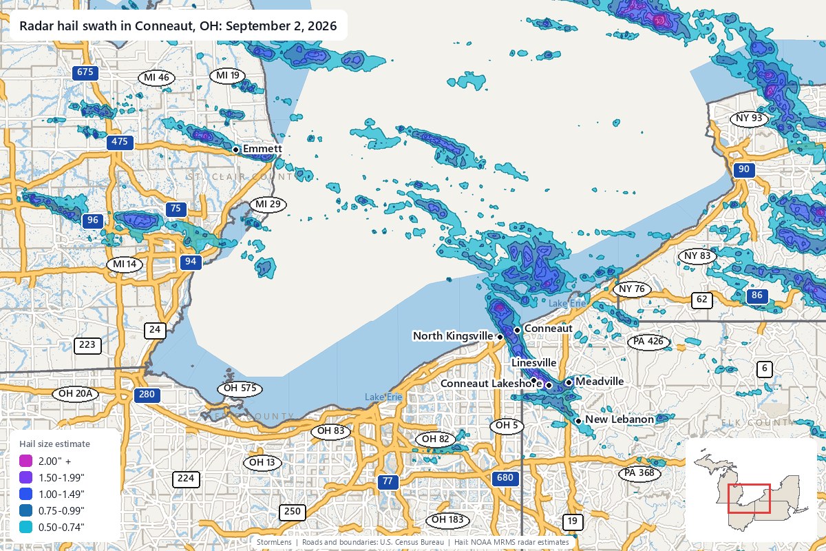 Radar-estimated hail swath in Conneaut, OH on September 2, 2026; colors show estimated hail sizes