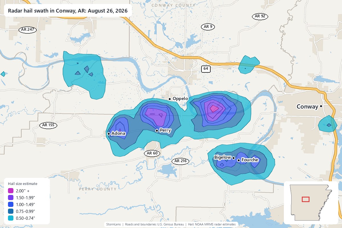 Radar-estimated hail swath in Conway, AR on August 26, 2026; colors show estimated hail sizes
