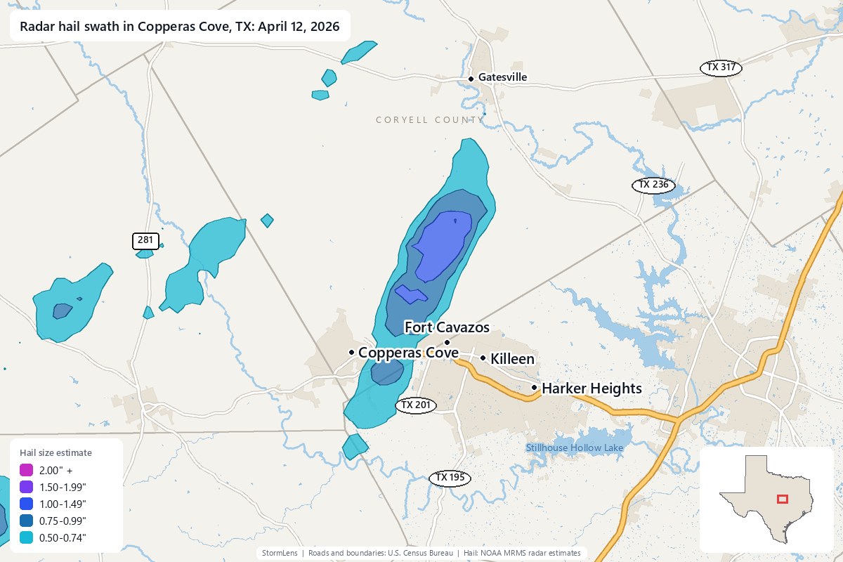 Radar-estimated hail swath in Copperas Cove, TX on April 12, 2026; colors show estimated hail sizes