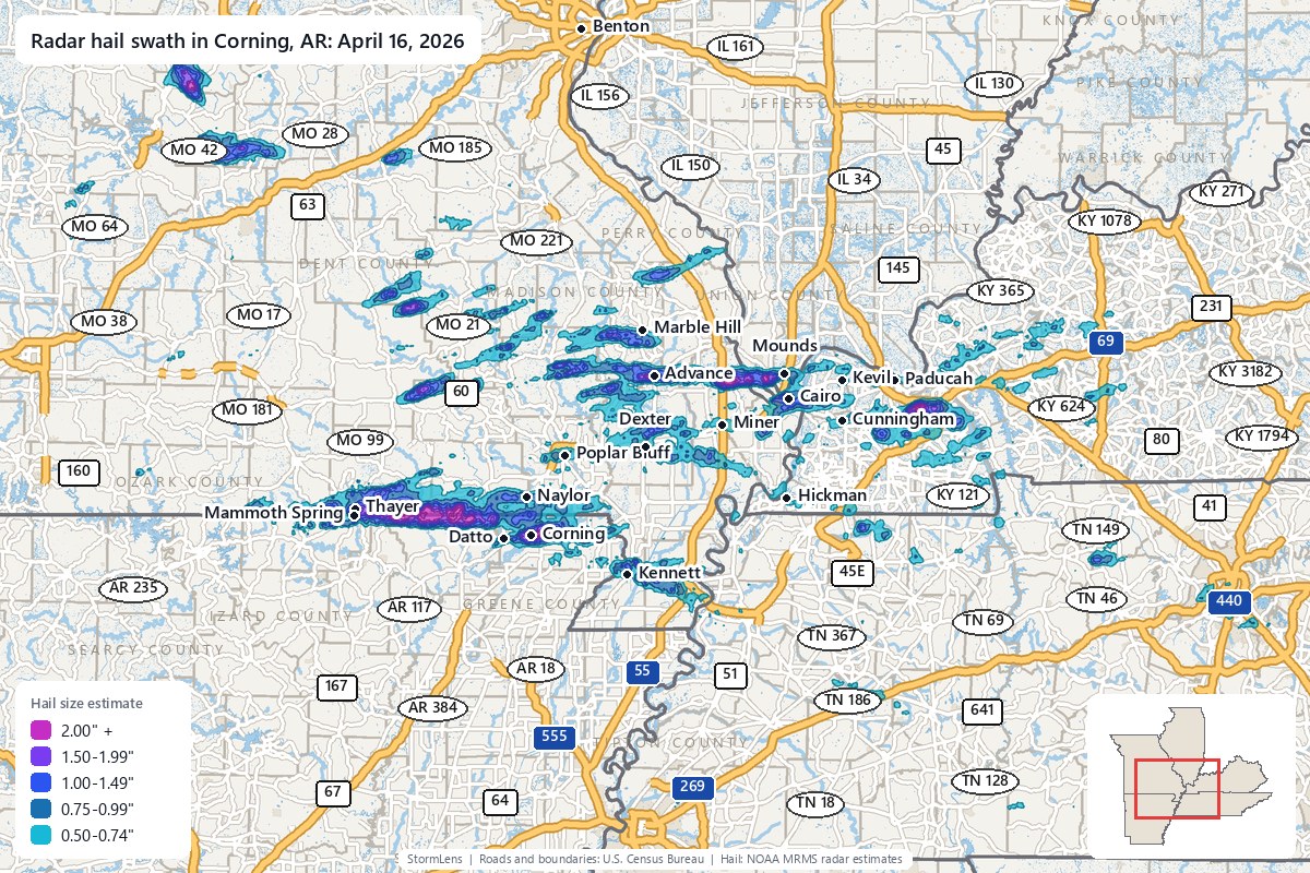 Radar-estimated hail swath in Corning, AR on April 16, 2026; colors show estimated hail sizes