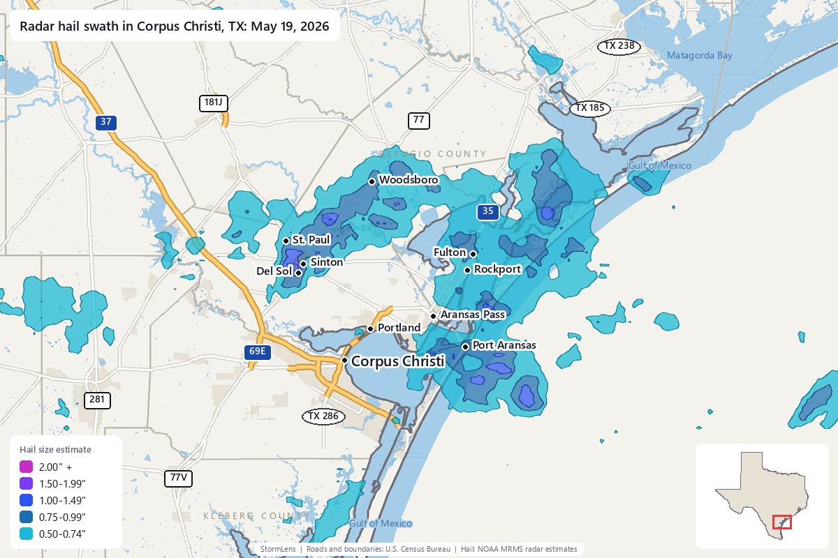 Radar-estimated hail swath in Corpus Christi, TX on May 19, 2026; colors show estimated hail sizes