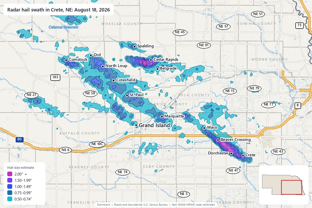Radar-estimated hail swath in Crete, NE on August 18, 2026; colors show estimated hail sizes