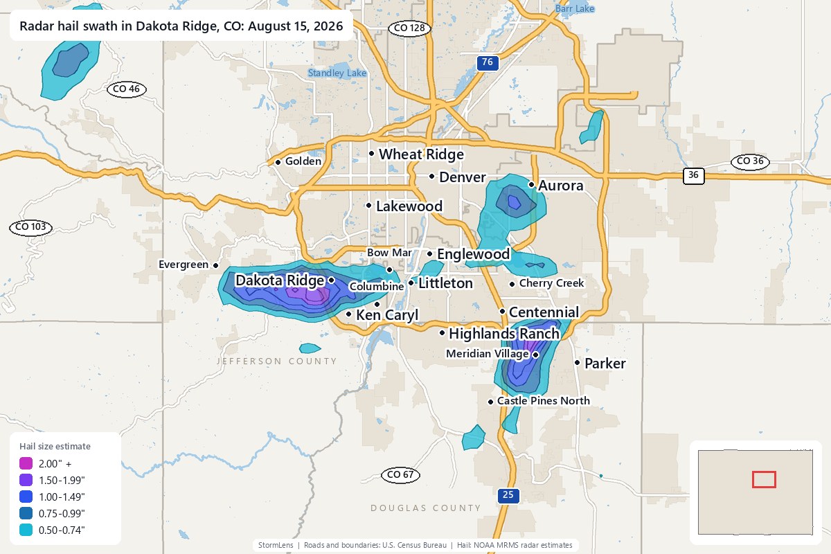 Radar-estimated hail swath in Dakota Ridge, CO on August 15, 2026; colors show estimated hail sizes