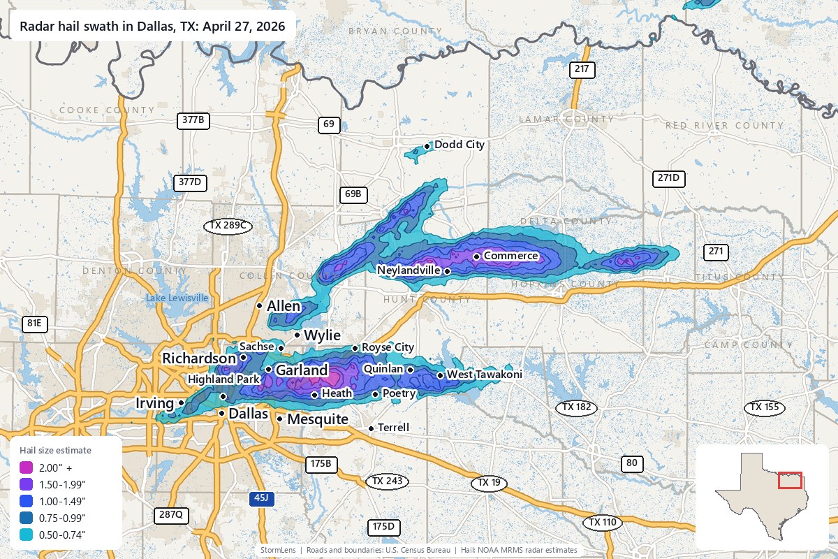 Radar-estimated hail swath in Dallas, TX on April 27, 2026; colors show estimated hail sizes