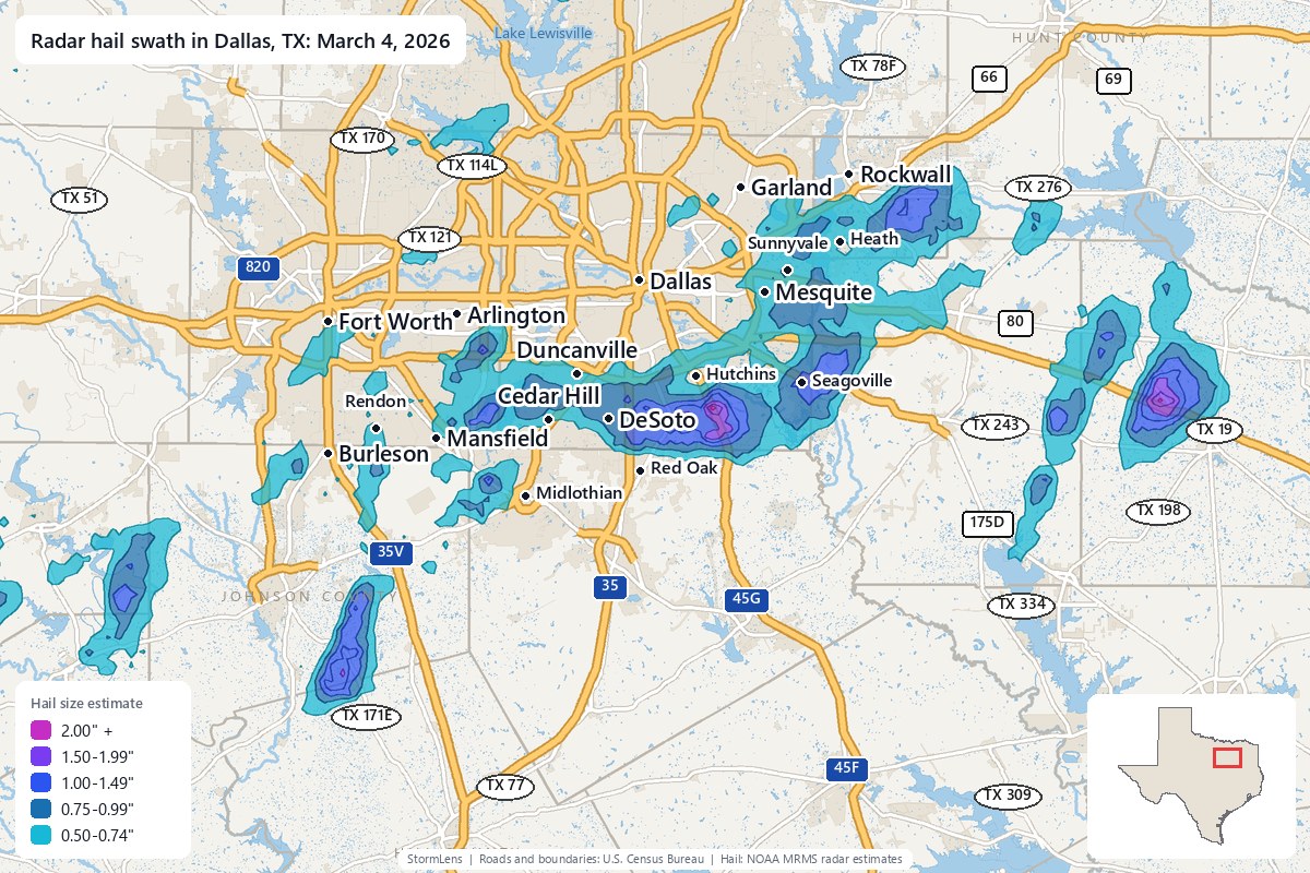 Radar-estimated hail swath in Dallas, TX on March 4, 2026; colors show estimated hail sizes