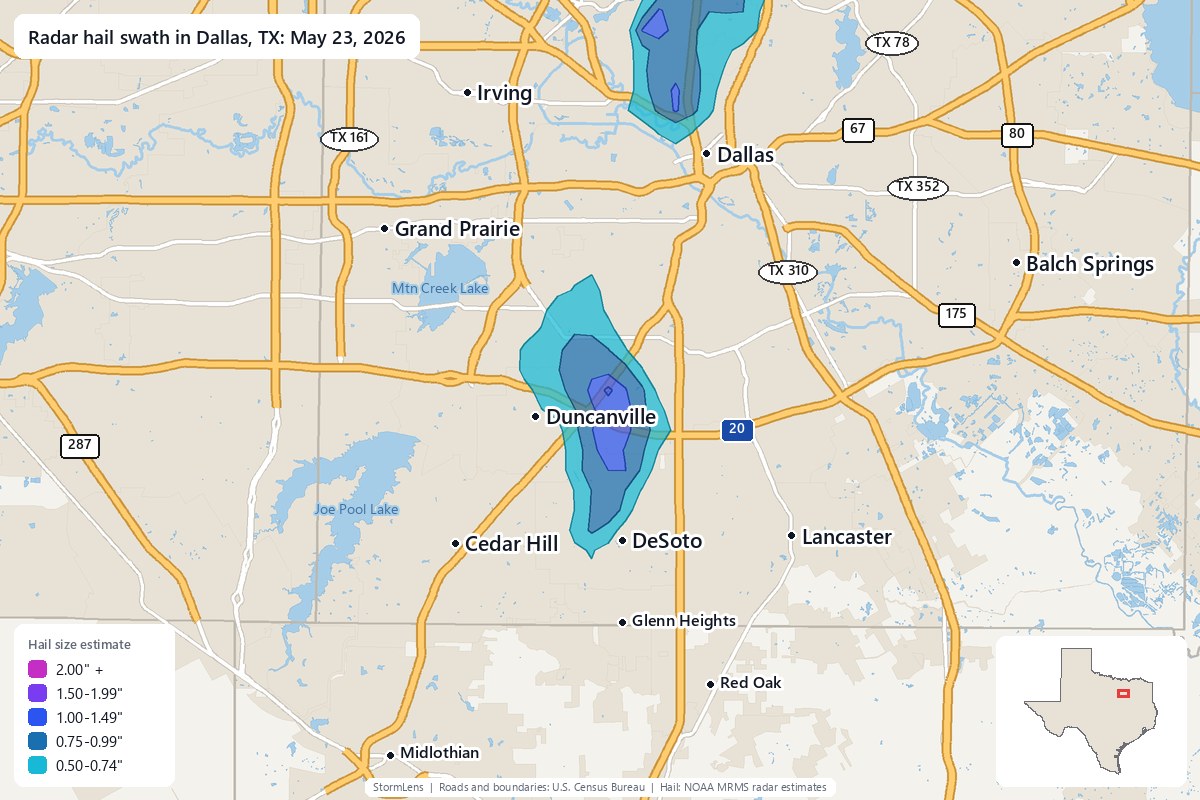 Radar-estimated hail swath in Dallas, TX on May 23, 2026; colors show estimated hail sizes