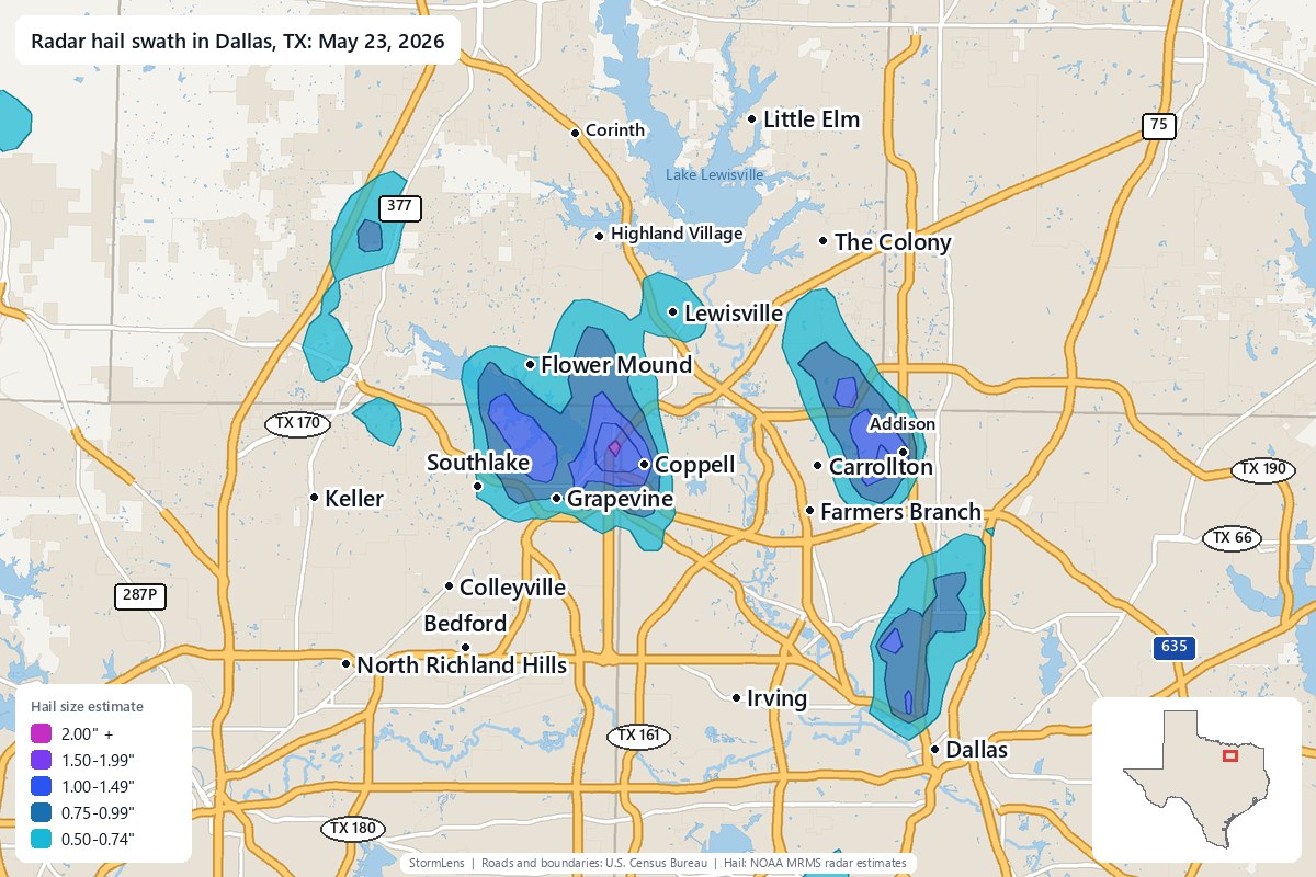 Radar-estimated hail swath in Dallas, TX on May 23, 2026; colors show estimated hail sizes