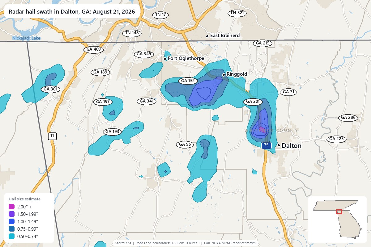 Radar-estimated hail swath in Dalton, GA on August 21, 2026; colors show estimated hail sizes