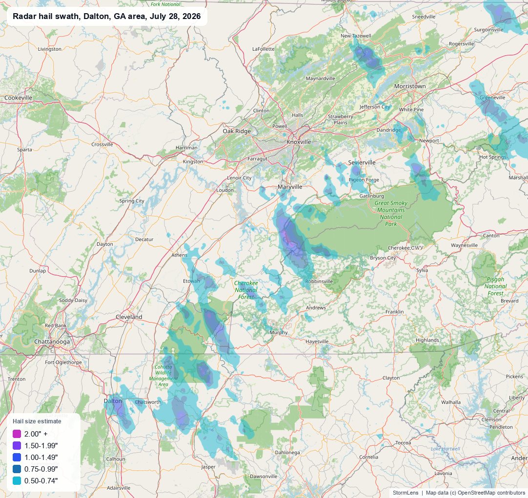 Radar-estimated hail swath near Dalton, GA on July 28, 2026; colors show estimated hail sizes
