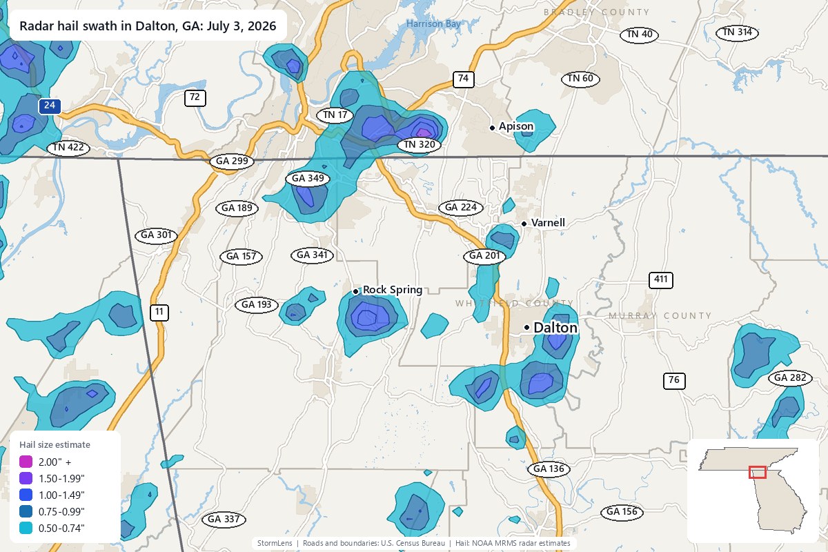 Radar-estimated hail swath in Dalton, GA on July 3, 2026; colors show estimated hail sizes