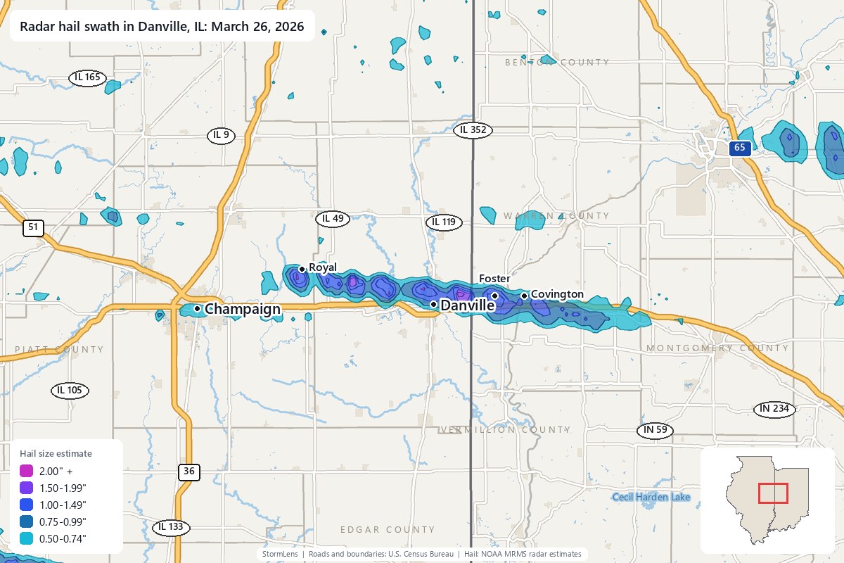 Radar-estimated hail swath in Danville, IL on March 26, 2026; colors show estimated hail sizes