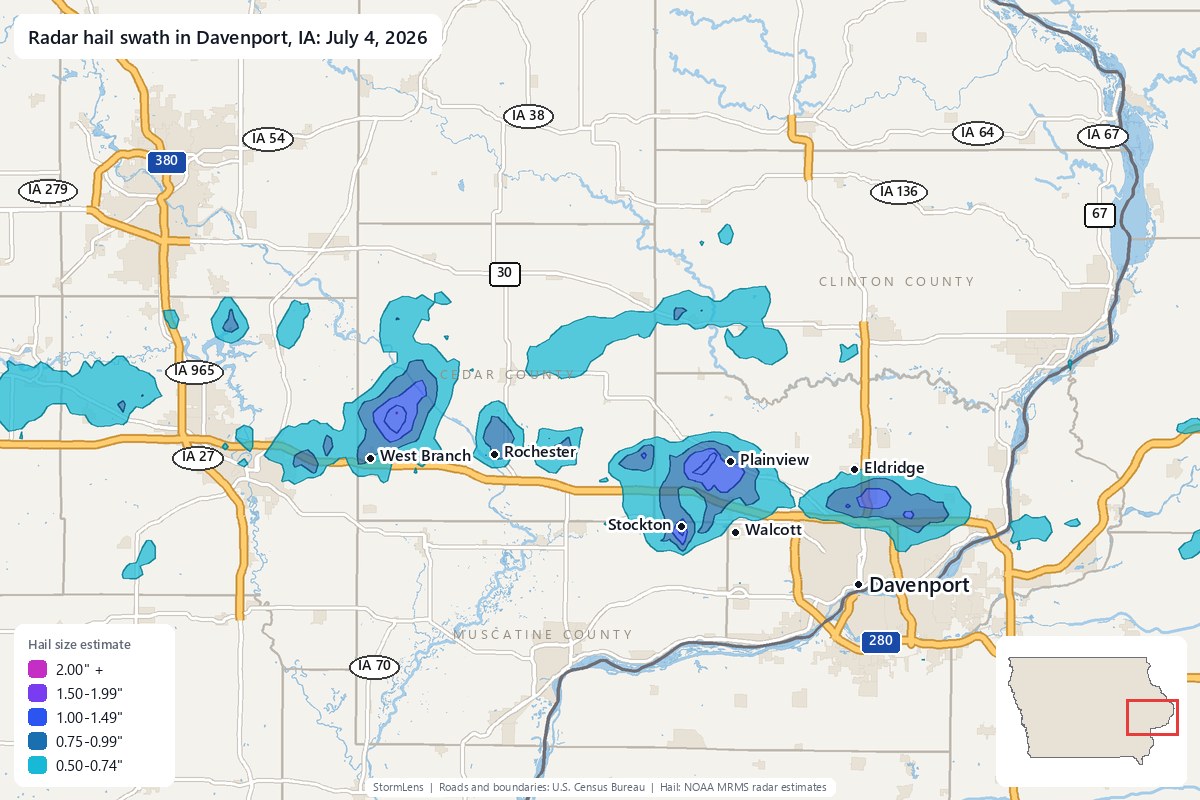 Radar-estimated hail swath in Davenport, IA on July 4, 2026; colors show estimated hail sizes