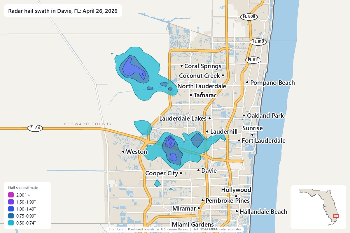 Radar-estimated hail swath in Davie, FL on April 26, 2026; colors show estimated hail sizes