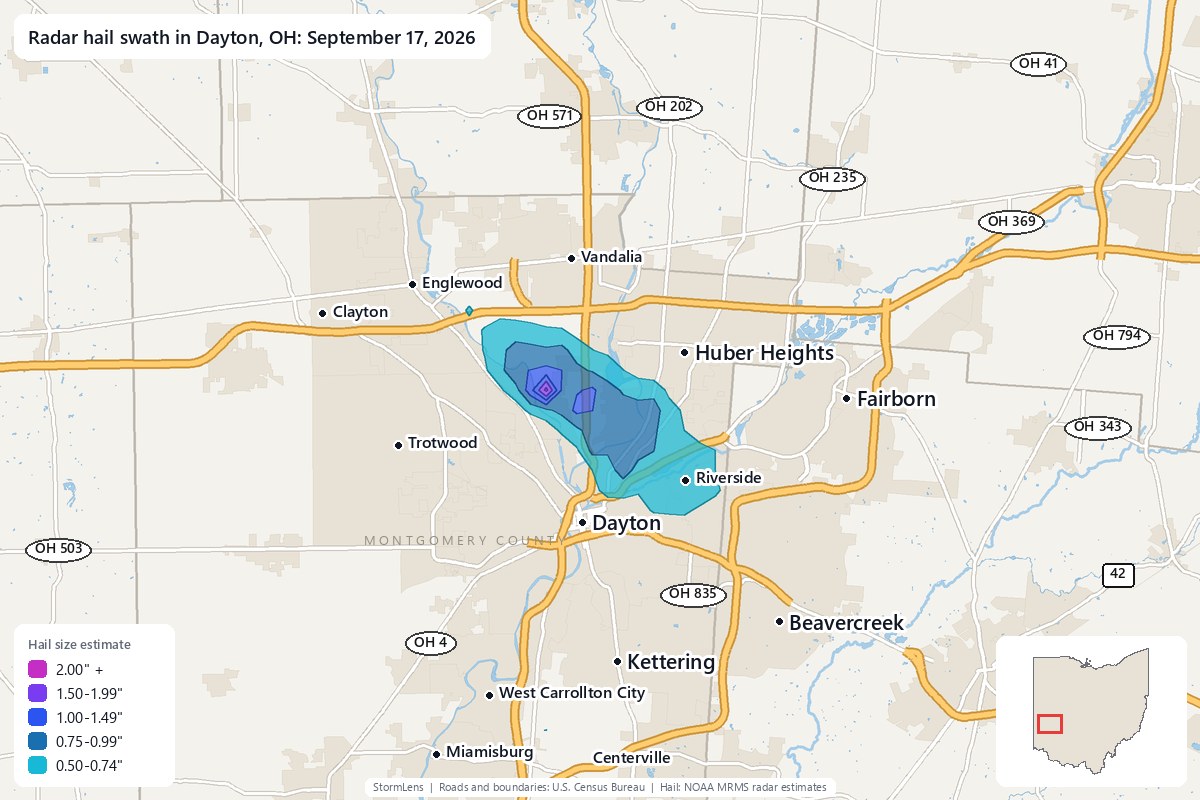 Radar-estimated hail swath in Dayton, OH on September 17, 2026; colors show estimated hail sizes